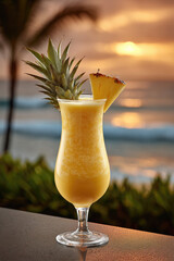 Frosty pineapple smoothie in tall glass garnished with fresh pineapple wedge and leaf against golden ocean sunset with palm trees