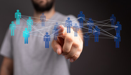 Concept of digital networking and global communication. Connected people, teamwork, and digital interaction with technology. Business and societ