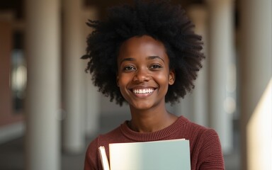 Face, student portrait and black woman in university ready for learning, goals or targets. Education, scholarship and happy female learner from South Africa with books for studying and knowledge.