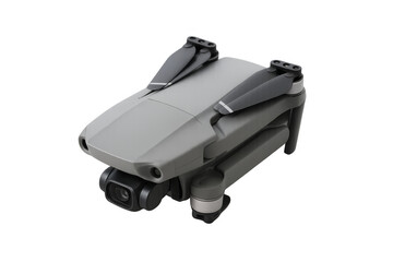 Gray folding quadcopter drone with camera on transparent background