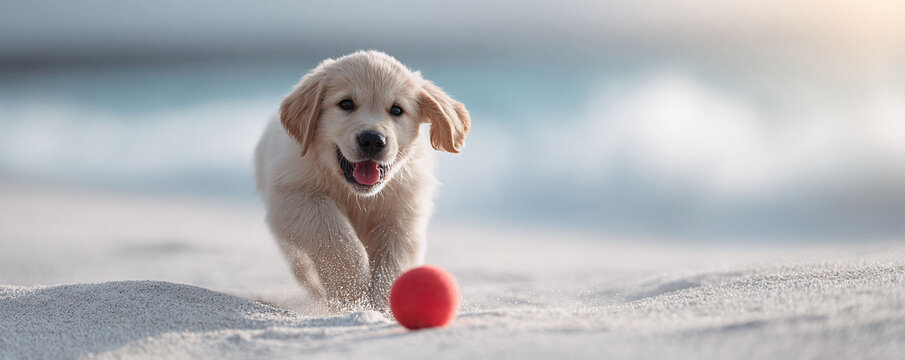 Joyful golden retriever puppy running towards the camera on a bright beach, chasing a red ball. Symbolizes happiness, playfulness, and companionship. Perfect for petrelated content - Powered by Adobe