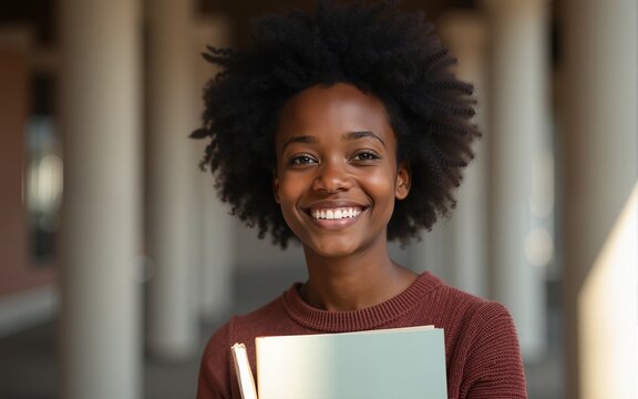Face, student portrait and black woman in university ready for learning, goals or targets. Education, scholarship and happy female learner from South Africa with books for studying and knowledge.