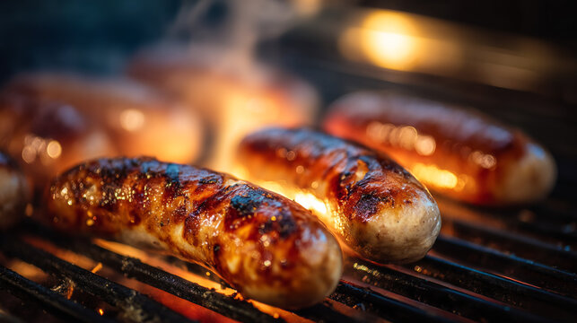 Close up of sausages grilling on a barbecue with flames visible underneath the grill bars