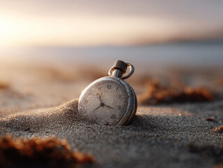 Vintage pocket watch halfburied in sand against a blurred sunset backdrop. Evokes themes of time, transience, nostalgia, and lost moments. Ideal for conveying urgency, deadlines, or mortality.