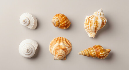 Obraz premium A collection of seashells featuring a variety of shapes, sizes, and colors, arranged on a neutral background, showcasing natures artistry
