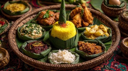 A vibrant Indonesian meal on a woven platter, featuring yellow rice cone, fried chicken, and various side dishes in leaf-lined bowls