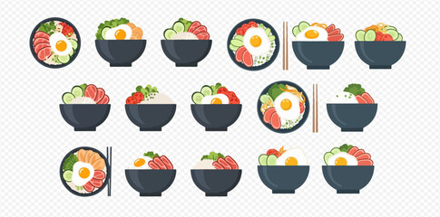 Collection of bowls with rice, egg, salmon and vegetables.