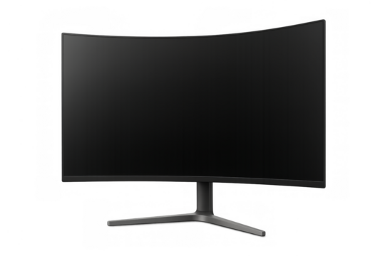 Curved ultrawide computer monitor with blank screen on transparent background
