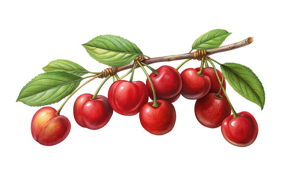Vibrant capulin cherries branch with green leaves realistic rendered image for food and drink content