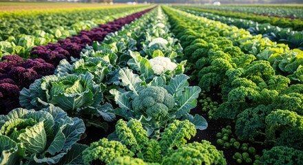 Fototapeta premium A vibrant green and purple vegetable garden with rows of cauliflower and kale, illuminated by sunlight, showcasing the natural beauty of organic farming.