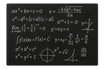 Chalkboard displaying complex mathematics formulas and equations