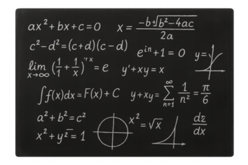 Chalkboard displaying complex mathematics formulas and equations