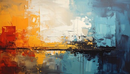 An abstract artwork featuring textured brushstrokes of yellow, orange, white, and blue hues. Horizontal division suggests a landscape
