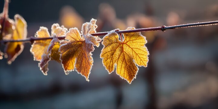A closeup of leaves frosted on a thin dark branch with a blurred background