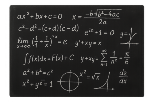 Chalkboard displaying complex mathematics formulas and equations - Powered by Adobe