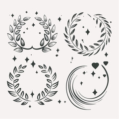Collection of clean line-art icons featuring delicate round leaf frames and botanical elements. Ideal for jewelry design, cosmetic labels, and monograms. Easy to customize.