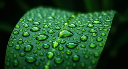 Lush Green Leaf Adorned with Fresh Raindrops.