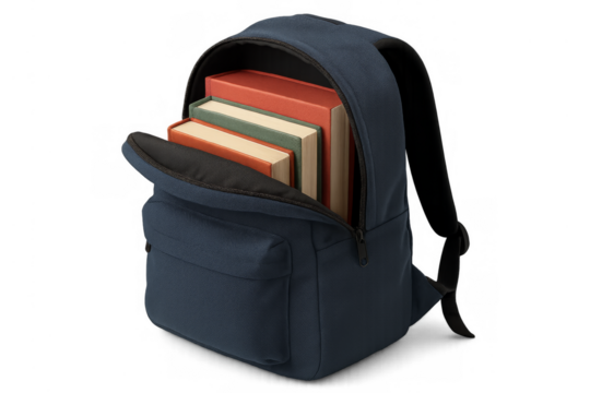 Blue backpack filled with books ready for school