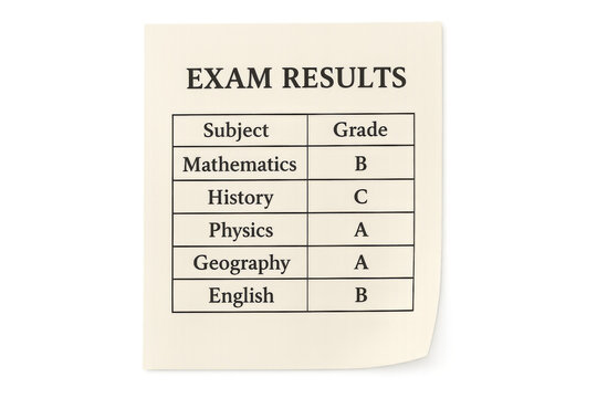 Exam results displaying student grades on school report card