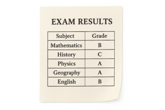 Exam results displaying student grades on school report card