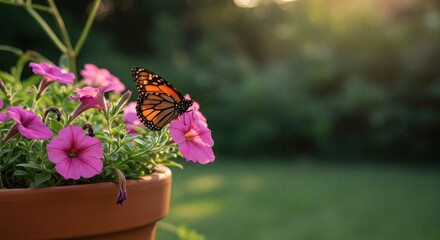 Monarch Butterfly on Pink Petunias in a Clay Pot.