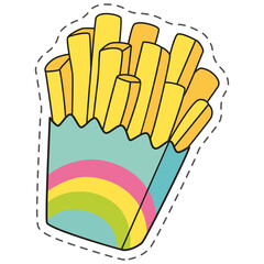 Crispy golden french fries in a teal blue paper container adorned with a pastel rainbow design...