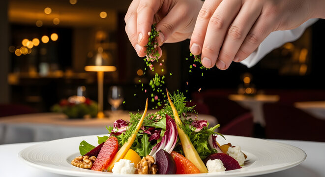 Chef garnishing fresh salad with herbs in a restaurant setting. - Powered by Adobe