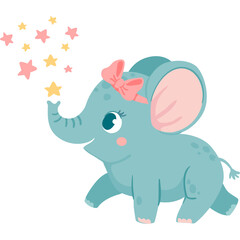 Cute Baby Elephant With Pink Bow and Yellow Stars Floating Around Its Trunk In A Playful Pose Adorable Animal Illustration For Kids