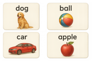 Learning flashcards showing dog, ball, car, and apple
