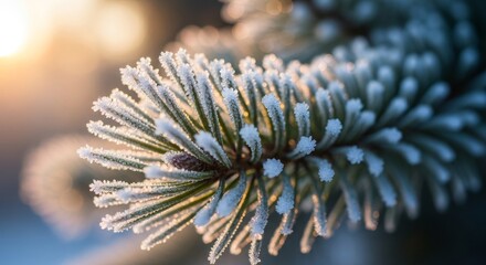 A frosty pine branch its needles adorned with white crystals stands against a softly blurred backdrop of light