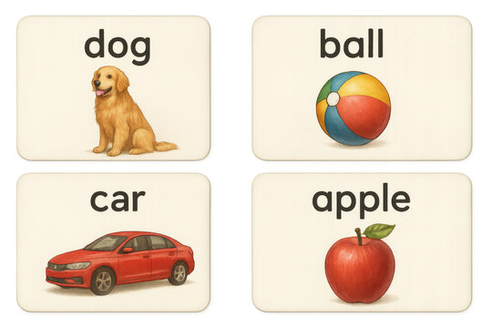 Learning flashcards showing dog, ball, car, and apple