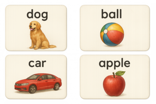 Learning flashcards showing dog, ball, car, and apple