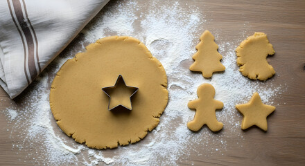 Cookie dough with star cutter and various shapes on wooden surface.