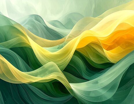 Abstract waves of green, yellow, and white form a gentle, rolling landscape. Soft light