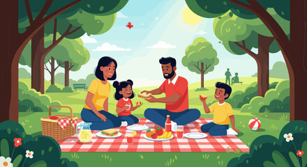 Vibrant illustration of family character scenes enjoying a lovely summer picnic in the park