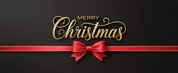 Calligraphic Merry christmas golden texture and realistic ribbon red luxury. Advertising Poster design.logo golden color on dark background.