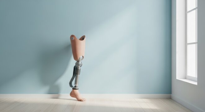 A prosthetic leg with a foot stands against a pale blue wall in a room with a white trim and light wood floor near a window