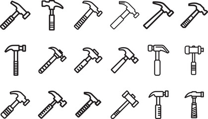 Line art illustration showing different types of hammers isolated on white background