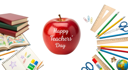 Celebrating Happy Teachers Day with vibrant school supplies and a bright red apple a heartfelt tribute on a stark black