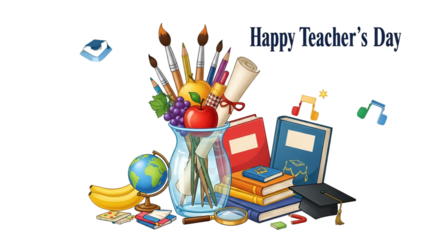 Celebrating Teacher s Day with a vibrant digital illustration filled with school supplies and gratitude on a solid black