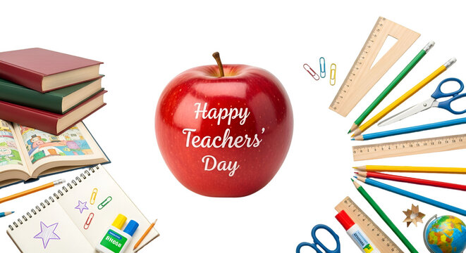 Celebrating Happy Teachers Day with vibrant school supplies and a bright red apple a heartfelt tribute on a stark black