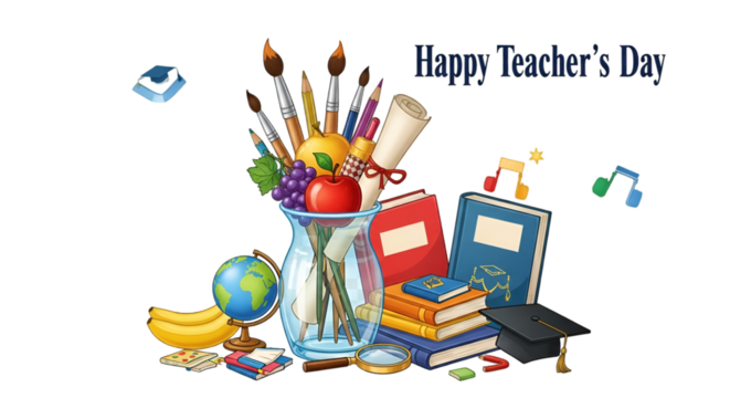 Celebrating Teacher s Day with a vibrant digital illustration filled with school supplies and gratitude on a solid black