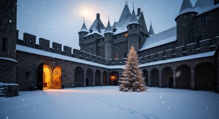 A snowcovered castle courtyard at dusk with a decorated Christmas tree
