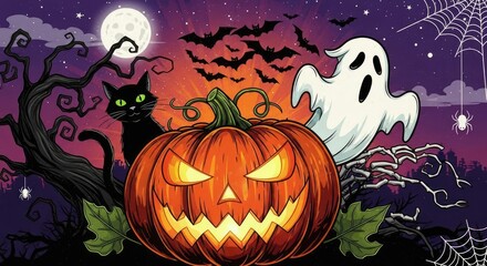 A spooky Halloween scene with a pumpkin, ghost, and bats against a dark, starry sky.