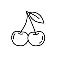 Pair of Cherries Fruit with Leaf Vector Line Art Drawing, Berries Outline Icon