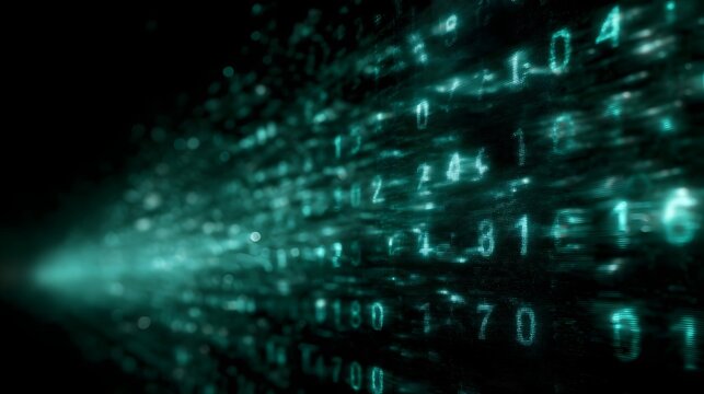 A digital stream of glowing binary numbers flows through a dark abstract technological background