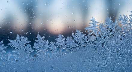Intricate ice frost patterns on a cold winter window pane.