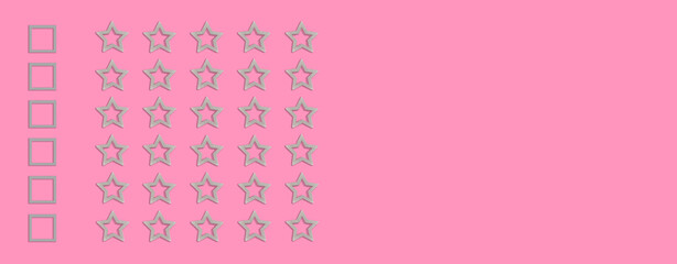 Gold, gray five stars shape on a pink background. Rating stars with tick. Feedback evaluation. Rank...