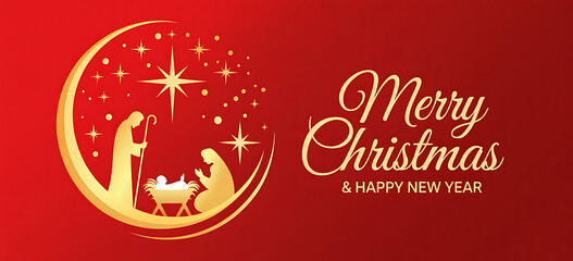 Merry Christmas and happy new year banner with Gold Nightly christmas scenery mary and joseph in a manger with baby Jesus and Meteor star around on red curve texture background.