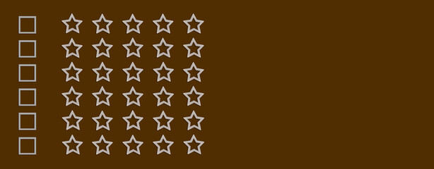Gold, gray five stars shape on a brown background. Rating stars with tick. Feedback evaluation....